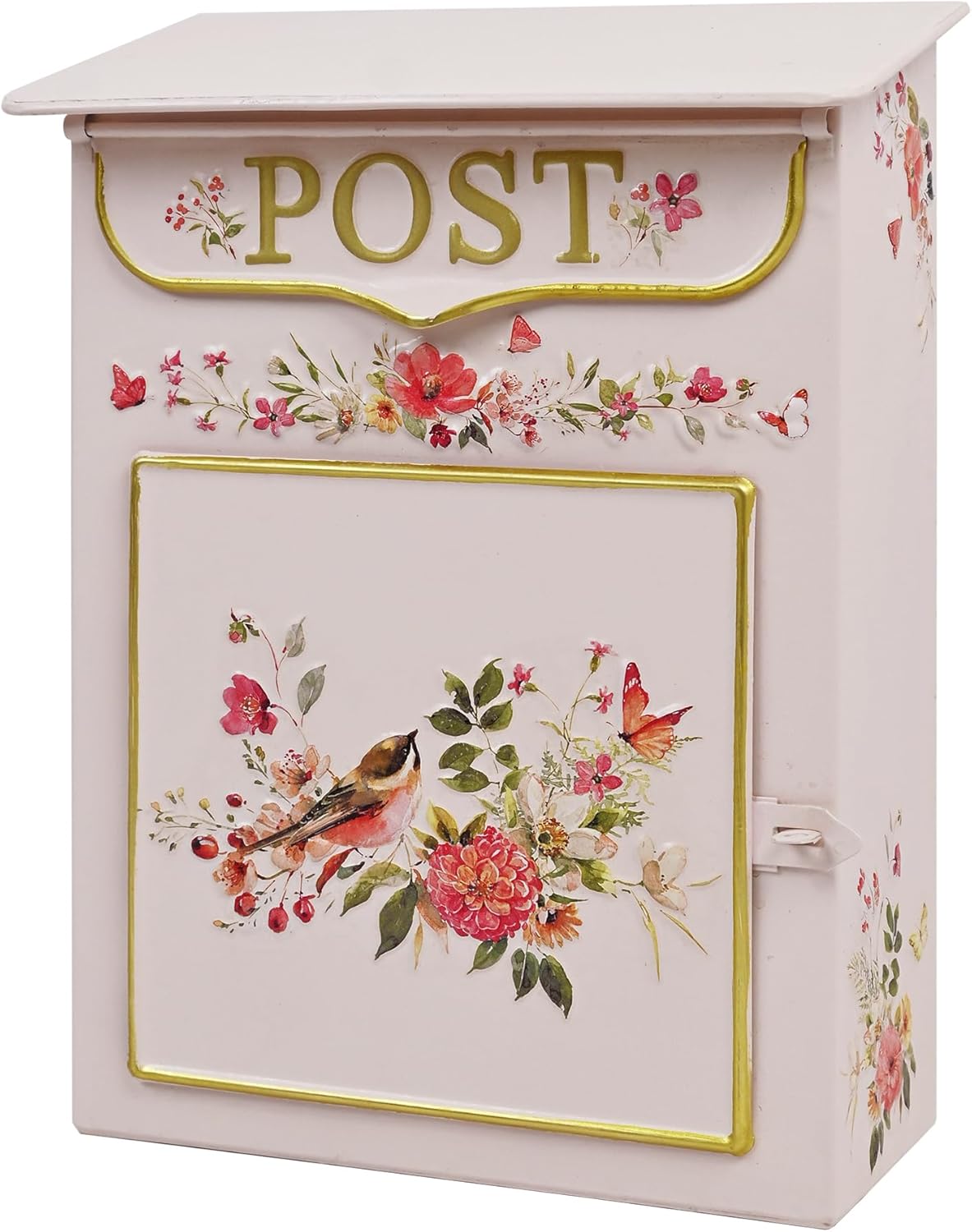 Vintage Mailbox Wall Mount Mailboxes for Outside Small Mail Boxes for House Outside Metal Drop Box Antique Style Nostalgic Charm Home Decorative, Flower Pattern (Pink, Small)