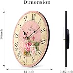 VIKMARI 14in Pink Wooden Wall Clock Roman Numerals Battery Operated Silent | Non-Ticking Vintage Round Indoor Clocks Rose Pink Style for Kitchen,Living Room,Bathroom,Bedroom