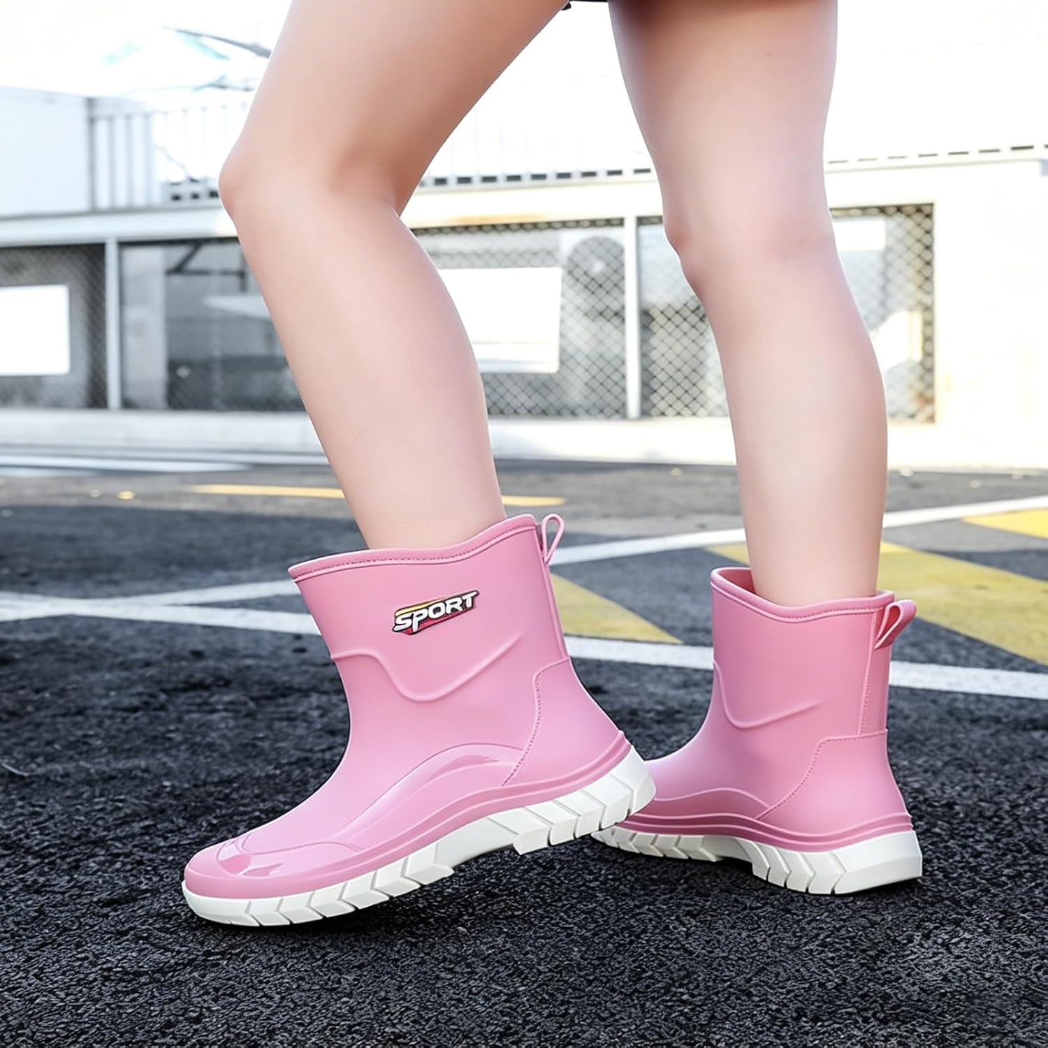 Women's PVC Waterproof Mid Calf Rain Boots Ankle-Height Chunky Sole Slip-Resistant Outdoor Rubber Garden Wide Calf Boots Mid Height Rain Shoes for Hiking Rainy Walks Yard Work