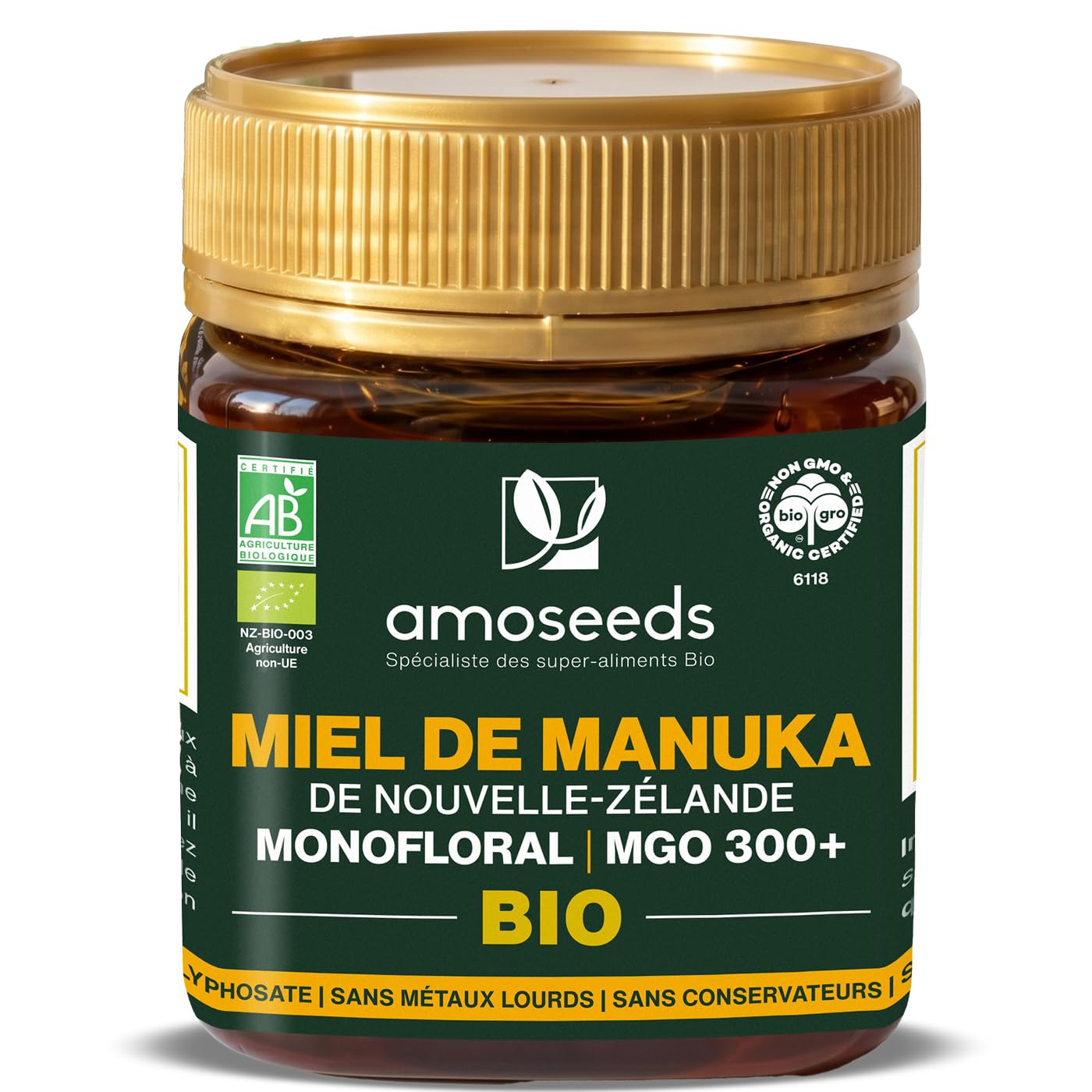 Miel de Manuka BIO 250g | MGO 300+ | Origine Nouvelle-Zélande certifiée | Brut et cru, non pasteurisé | Miel monofloral | Texture crémeuse, Qualité Supérieure