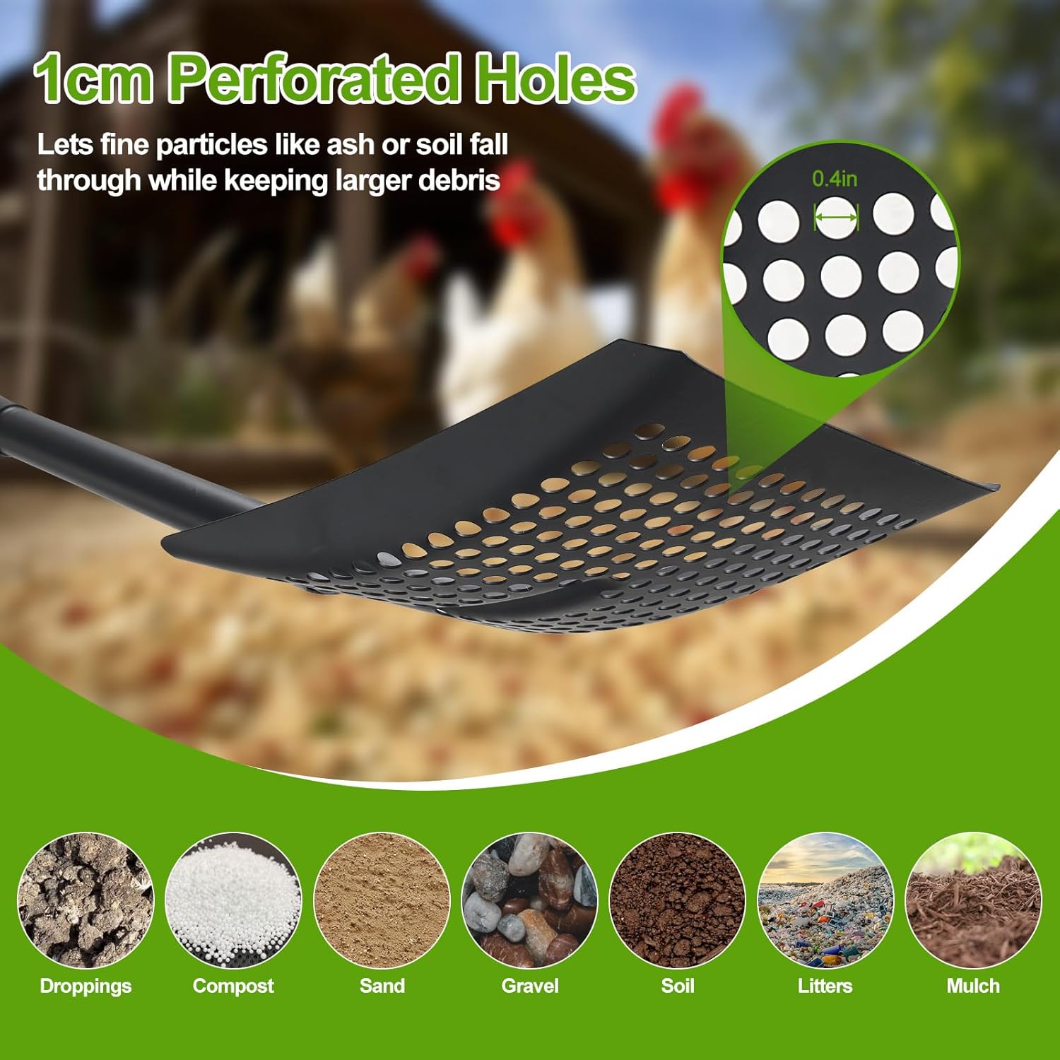Sifter Shovel for Chicken Coop, 47 Inch Heavy Duty Beach Sifting Shovel for Sand Rock Poop Cleaning, Metal Detector Shovels for Farm, Gardening, D-Grip Handle, Square Gardening Shovels
