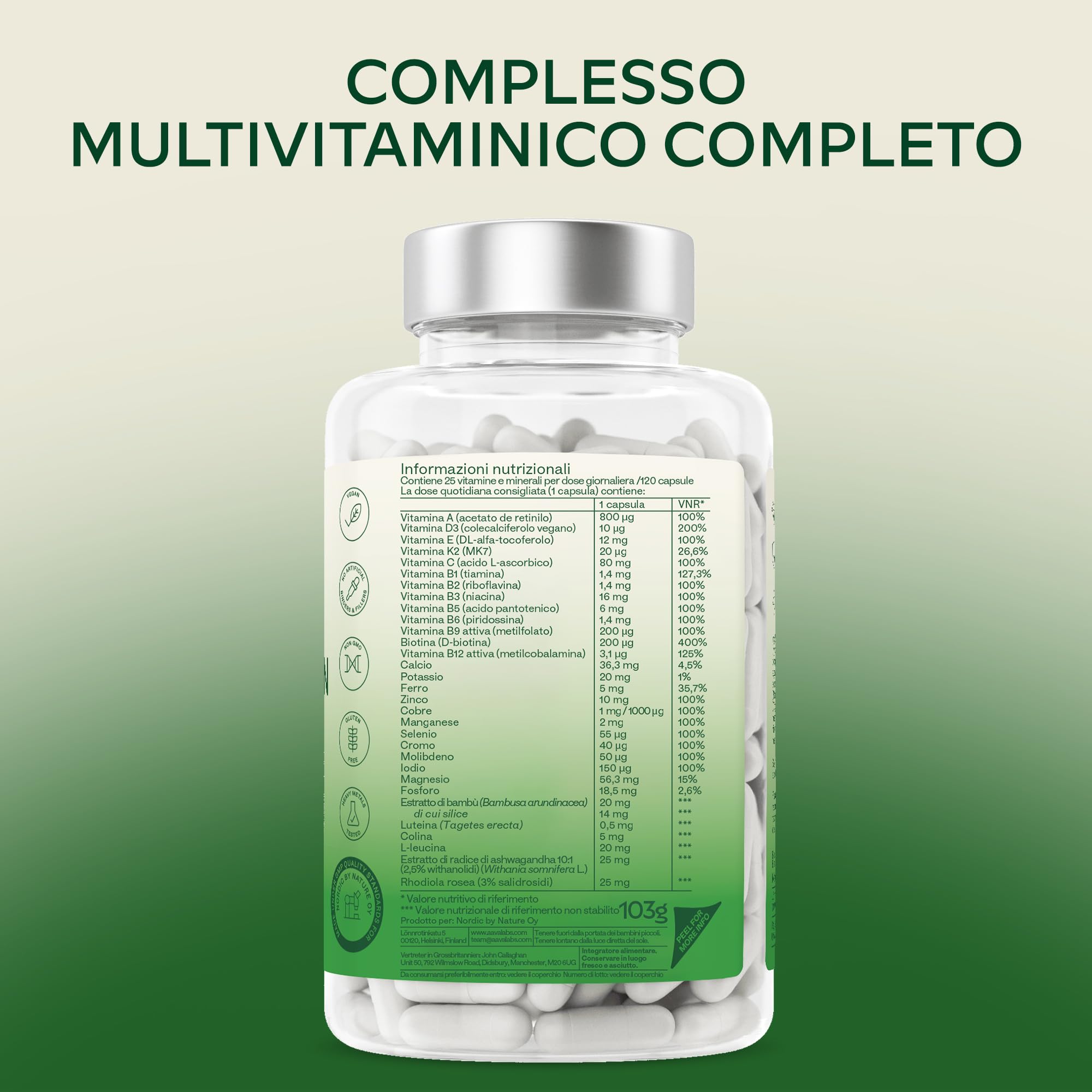 Multivitaminico Completo 25 Vitamine e Minerali Ashwagandha Rhodiola Rosea, Integratore Multivitaminico Donna Uomo Difese Immunitarie Adulti Vitamina D Vitamina C Zinco Magnesio e Potassio -120Capsule