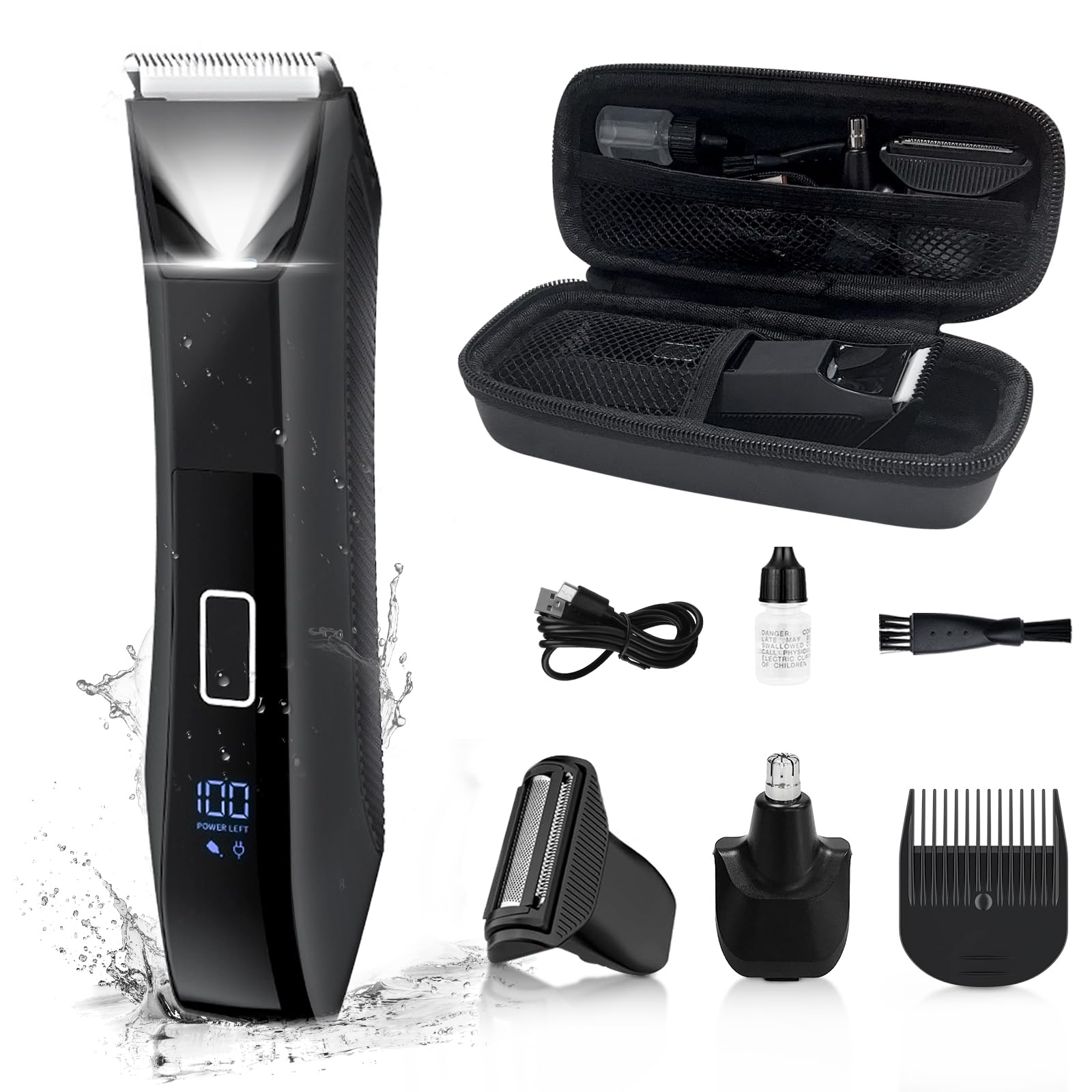 Body Trimmer for Men, Groin & Body Hair Trimmer, Ball Foil Shaver, Nose Hair Clippers, 3 in 1 Men's Waterproof Wet/Dry Groomer with Travel Case &Travel Lock, LED Display, Black