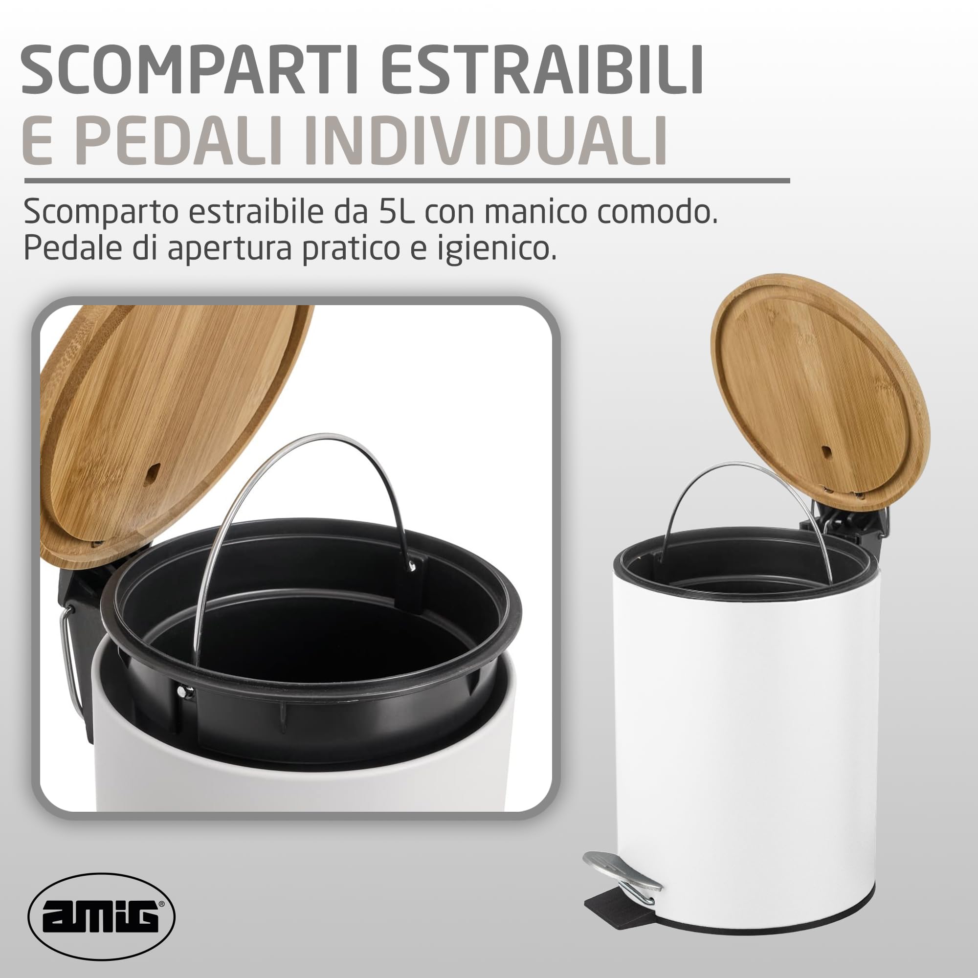 Amig Pattumiera da bagno con pedale 5 litri Naturline bianco bambù acciaio inox laccato 20x26 cm