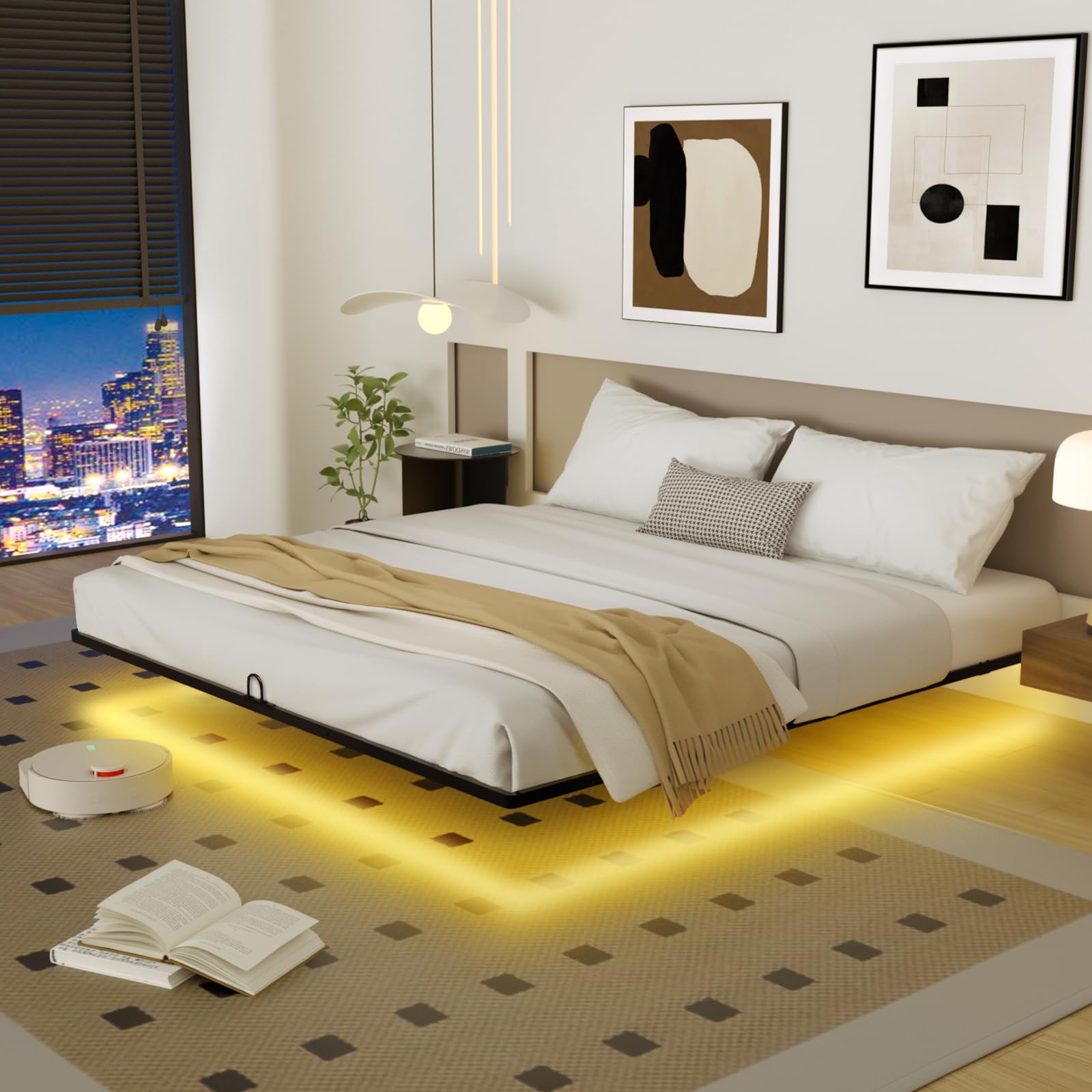 King Size Floating Bed Frame with Smart LED Lights Modern Metal Platform Floating Bed Frame King - Heavy