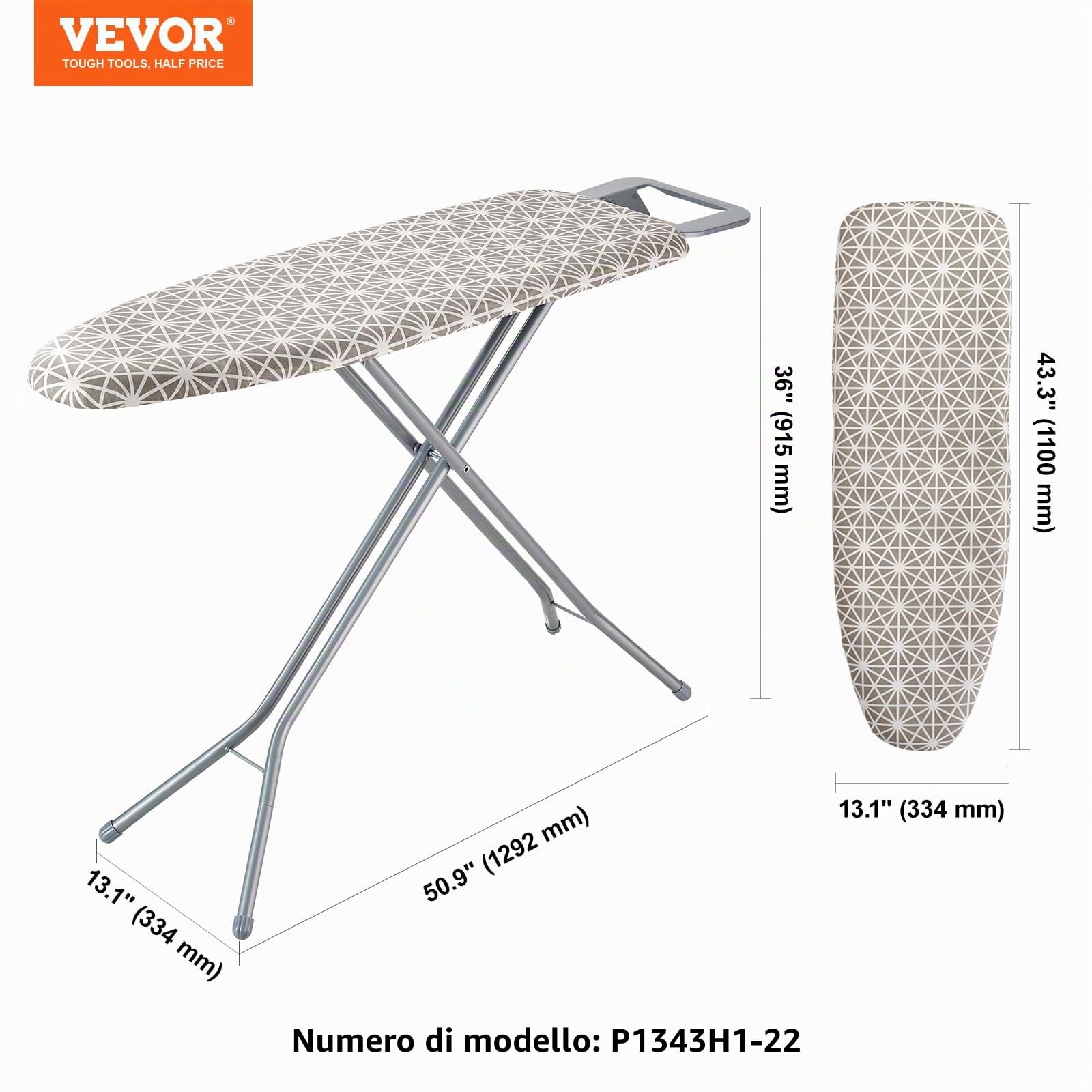 VEVOR Asse da Stiro 110 x 33 cm Asse da Stiro 4 Strati 7 Altezze Regolabili 715-915 mm con Copertura Anti-calore 100% Cotone per Casa Lavanderia Bagno 1292 x 334 x 915 mm, Asse per Stirare Pieghevole