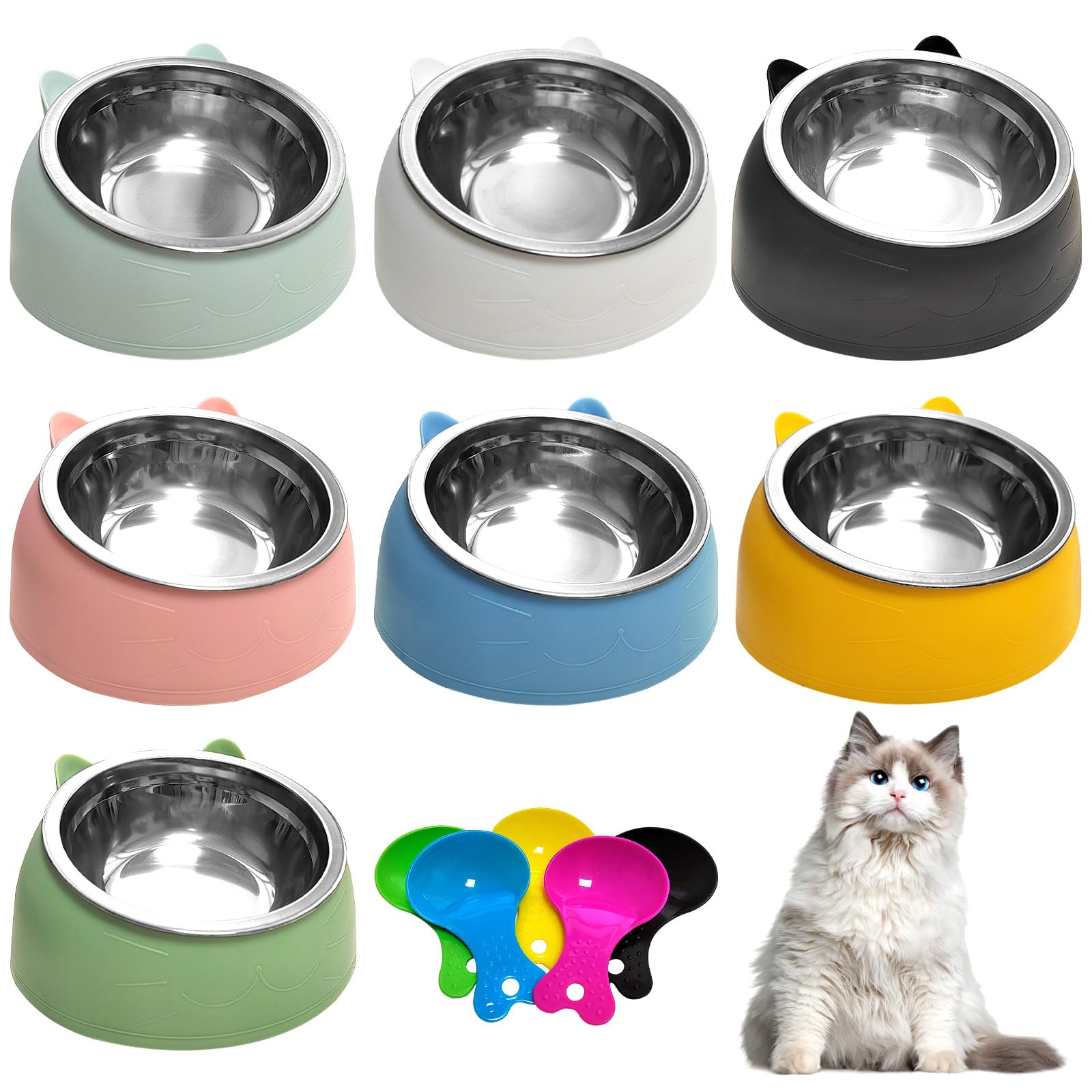 7 ciotole per cibo per gatti in acciaio inox inclinato per cani di piccola taglia rialzati a 15° piatto per animali domestici per gattini cuccioli antiscivolo rimovibile in acciaio inox ciotola per