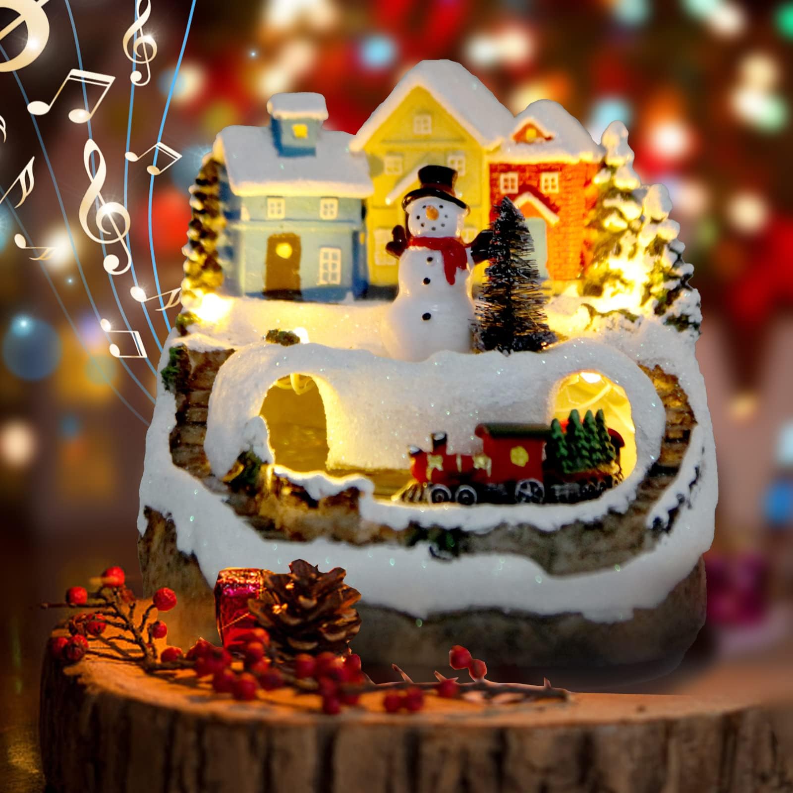 Christmas Village Figurines Musical Snow Globe Christmas Collectible Buildings Decoration with Spinning Train 8 Music & LED Light for Christmas Home Decor Gift Santa Claus (Snowman) (W01)