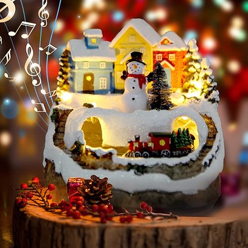 Figuras musicales de resina con 8 muñecos de nieve musicales con muñeco de nieve de Navidad, tren de Navidad, incluye regalo de Navidad