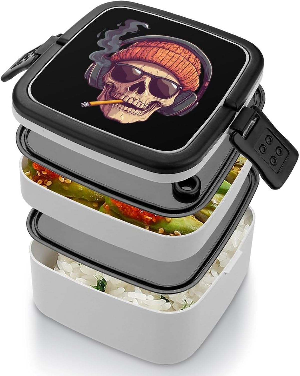 Smoking Skull Wearing Headphones Bento Box with Spoon 2 Layer Food Container Cute Lunch Box for Travel Dining Work