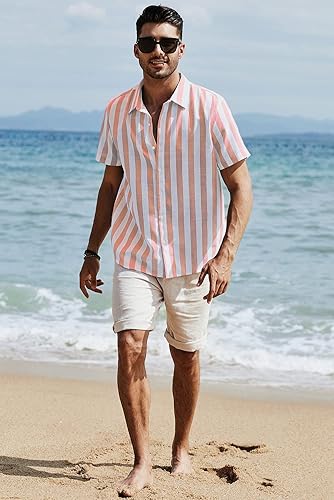 Miniatura 102 de JMIERR Camisas de vestir a rayas con botones y manga corta para hombre