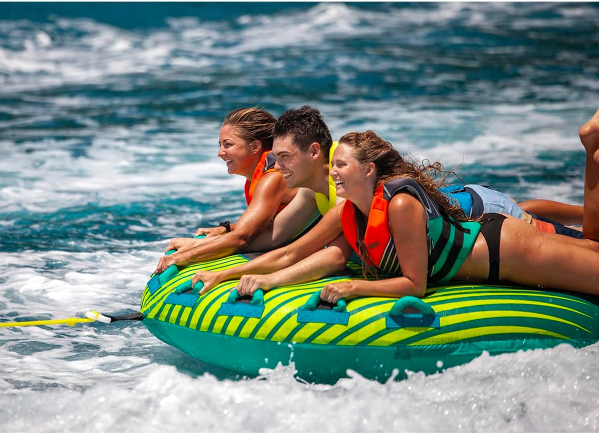 ZUP Xtra 2 & 3 Person Heavy Duty Towable Deck Tube for Boating with 6 Padded Handles, Quick-Connect Tow Hook, Full Nylon Cover