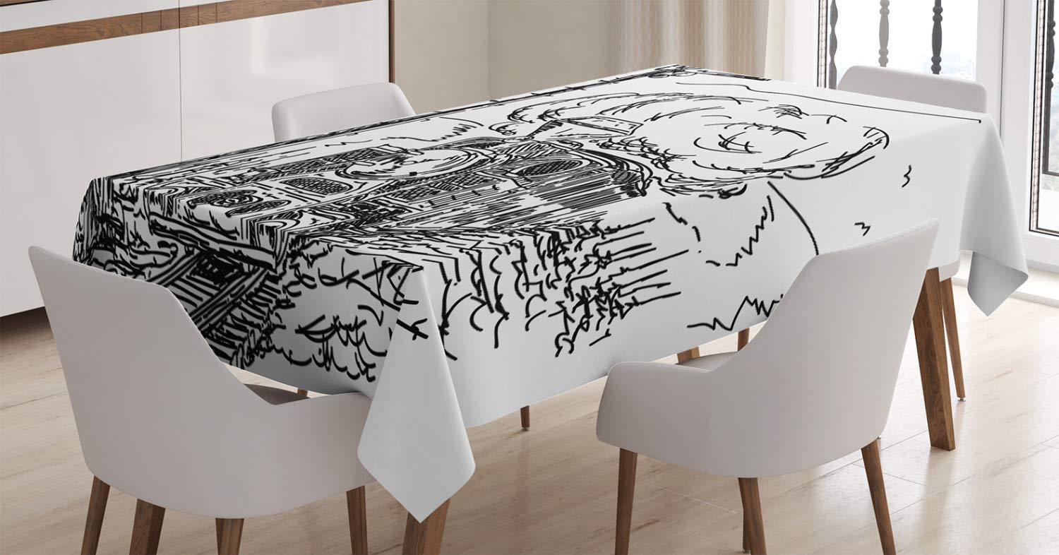 ABAKUHAUS Motore a Vapore Tovaglia, Railroad Disegno, Rettangolare per Sala da Pranzo e Cucina, 140 cm x 200 cm, Bianco Nero