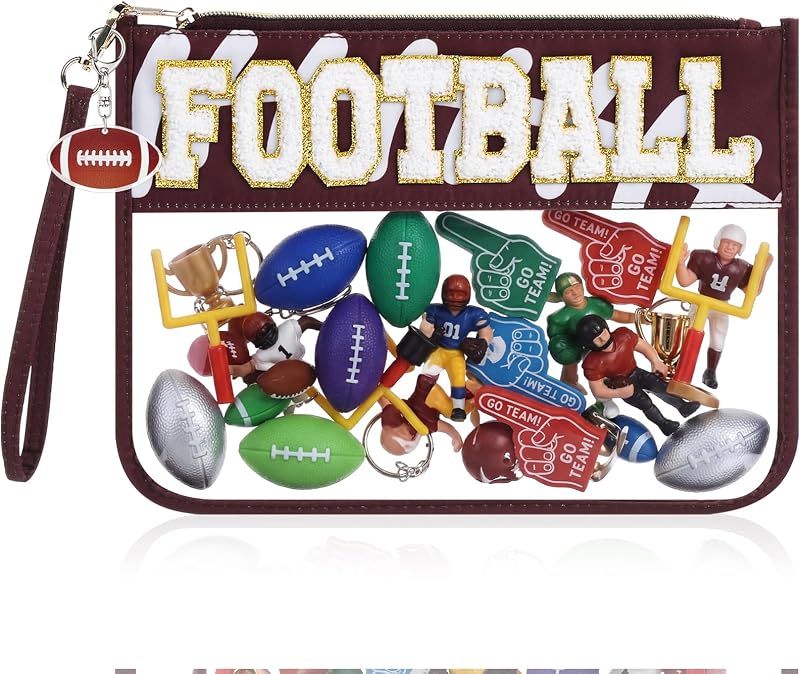 Necessaire de maquiagem Kacctyen com estampa de futebol, patch de chenille e pingente, marrom
