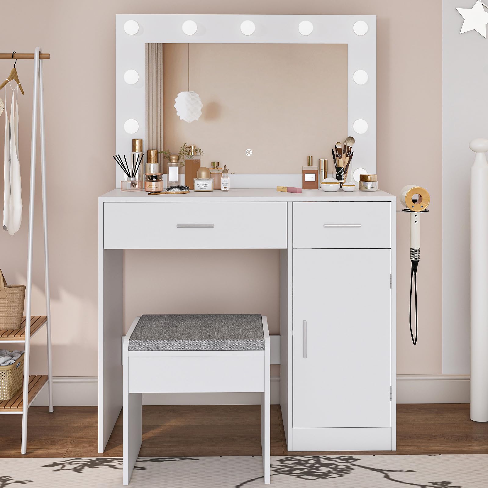Photo 1 of Viaozutis Makeup Vanity with Stool, Large Drawer and Power Socket with 11 Light Bulbs and 3 Adjustable Lighting Modes, Vanity Table for Bedroom (White)