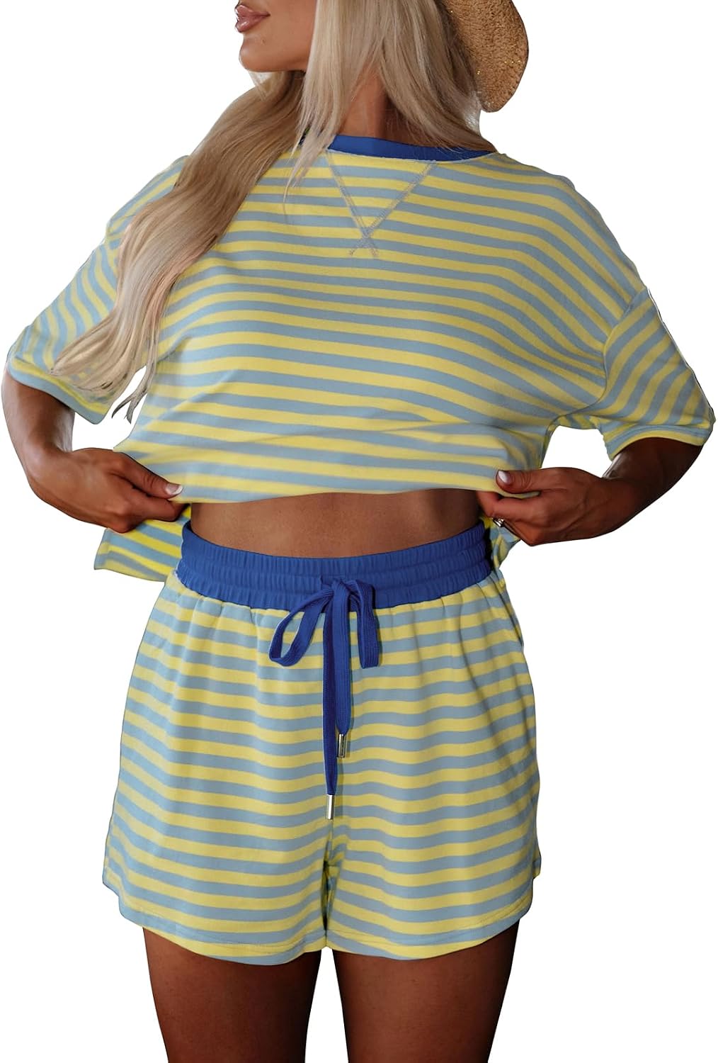 miduo Womens Two Pieces Sets Striped Crewneck Short Sleeve Tee Tops High Waist Drawstring Short Sets Lounge Matching Sets