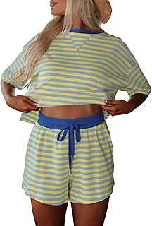 miduo Womens Two Pieces Sets Striped Crewneck Short Sleeve Tee Tops High Waist Drawstring Short Sets Lounge Matching Sets