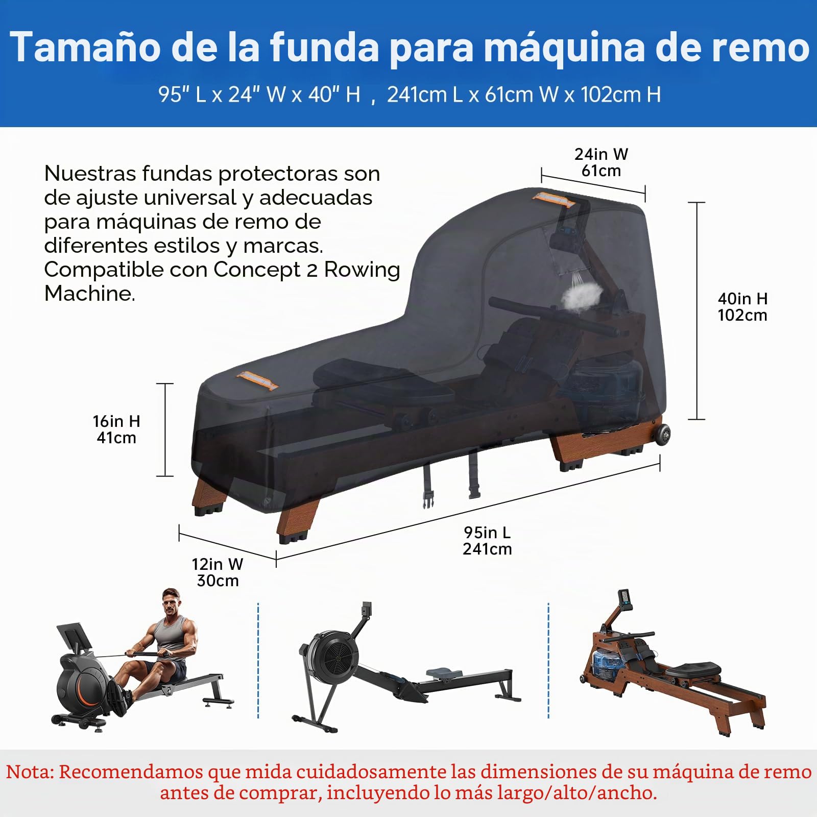 Funda de remo, 420D resistente para equipo de fitness Concept 2, impermeable, resistente al viento, 2 asas, accesorios incluidos
