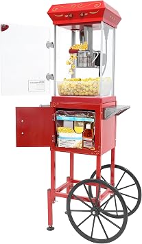 Popcorn Machine with Cart 9oz - Retro Theater Style Popper Makes 36 Cups Per Batch, Stainless Steel Kettle & Wheels, for Home Movie Nights, Holiday Parties, School Events, Christmas Gift, Red