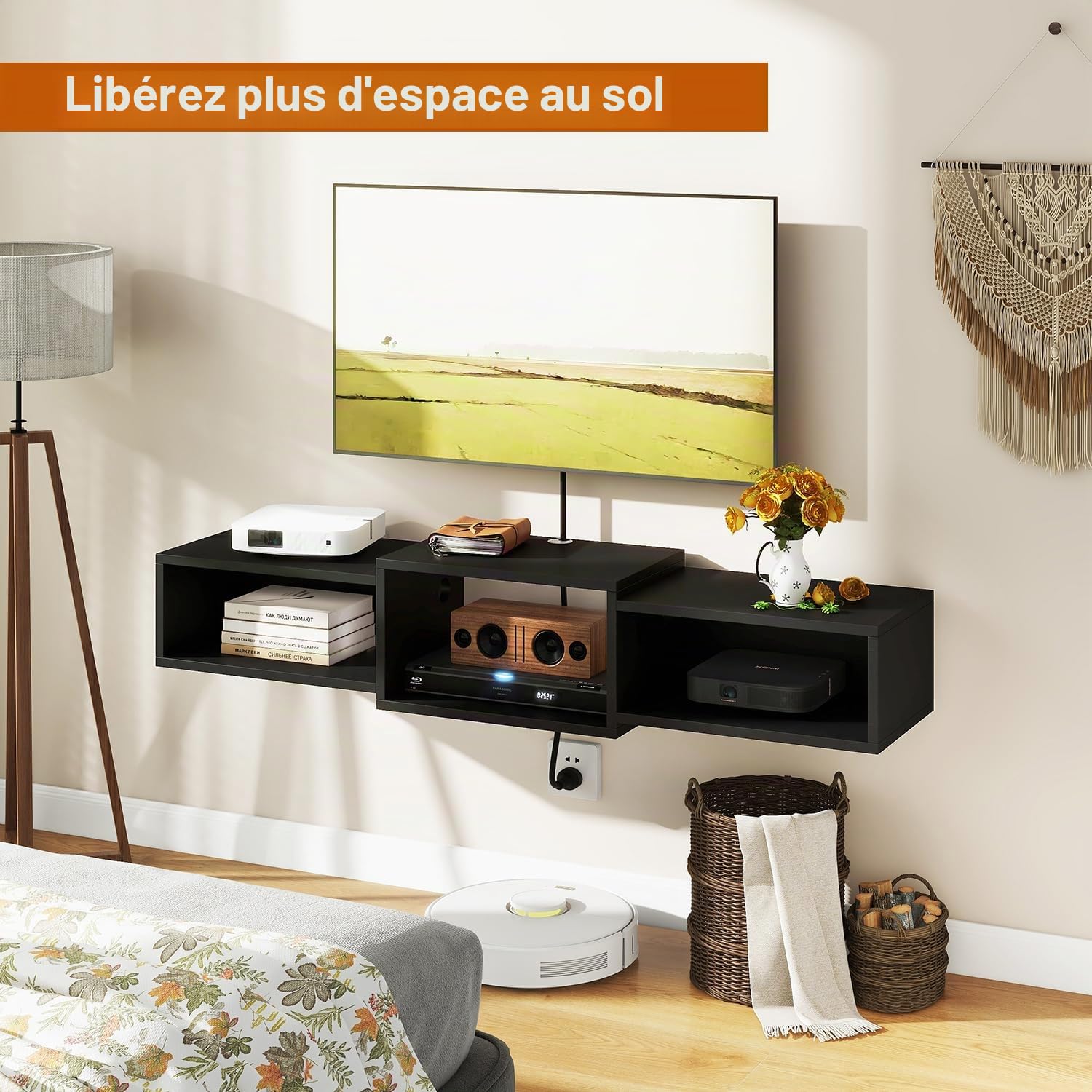 IBUYKE WST013B Support TV flottant à fixation murale, meuble TV en bois, étagère flottante pour rangement sous TV pour salon, chambre à coucher, bureau, noir