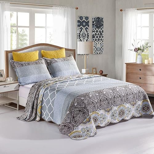 Miniatura 10 de YAYIDAY Juego de edredón tamaño Queen juego de edredón de algodón tamaño Queen con estampado floral (90 x 98 pulgadas) con 2 fundas de almohada,