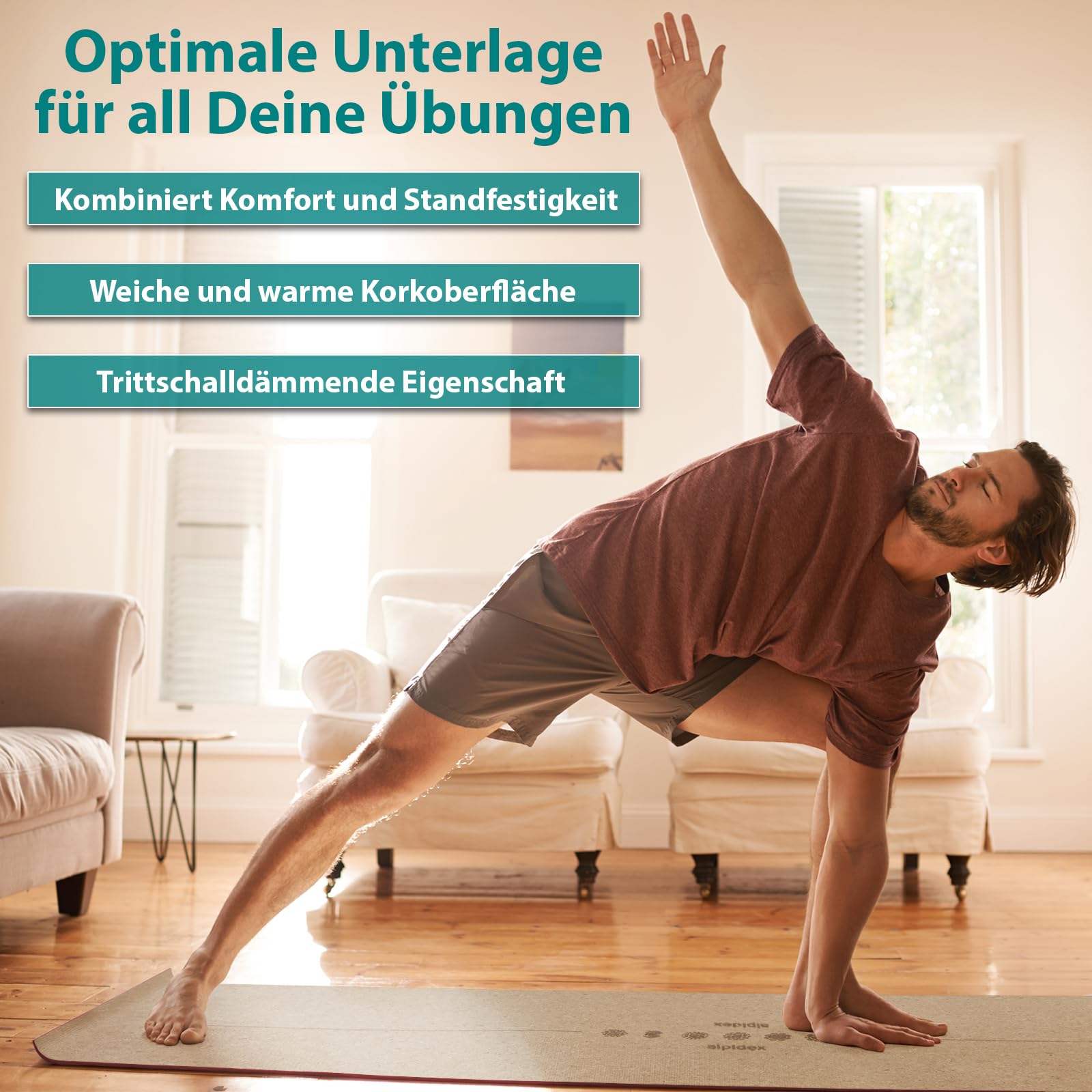ALPIDEX Kork Yogamatte 183 x 61 x 0.6 cm E-Book Fitness Pilates Matte Schadstofffrei Rutschfest Tragetasche Hilfslinien Natürlicher Kork Yoga Mat