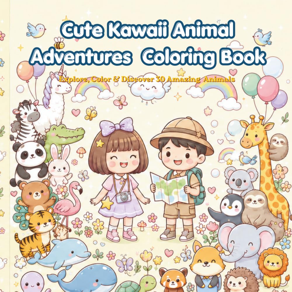 Cute Kawaii Animal Adventures Coloring Book for Kids: Meet, Color & Smile with 30 Adorable Animal Friends (Cute Kawaii Adventures)
