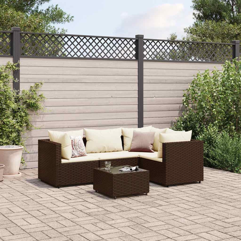 5-Piece Outdoor Lounge Set with Tempered Glass Table, Brown and Cream Modular Patio Furniture, Weather-Resistant PE Rattan and Powder-Coated Steel Frame for Garden Terrace