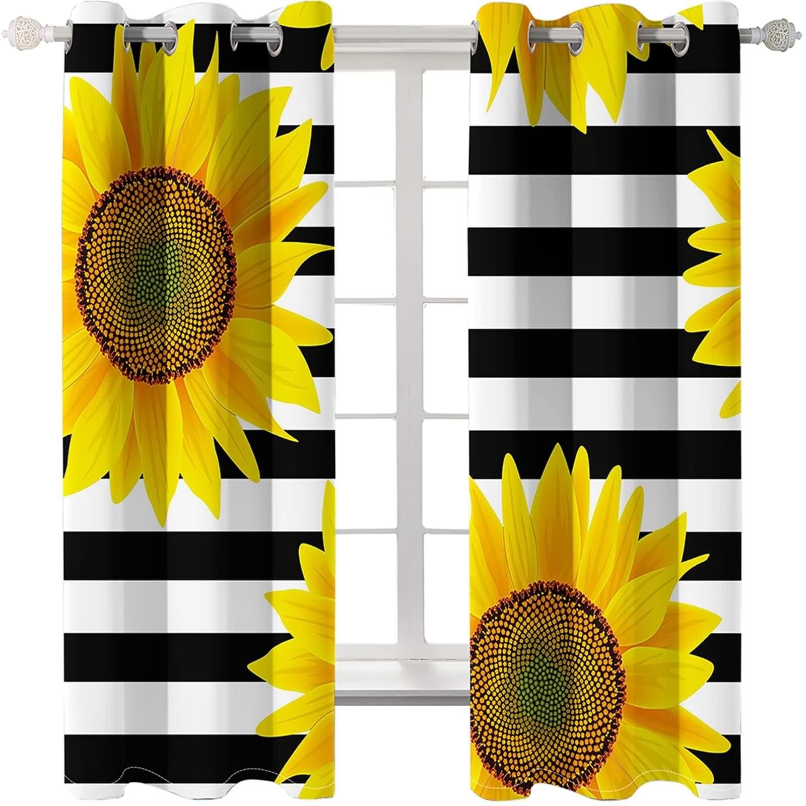 Rideau Fenetre Chambre, Rideau Anniversaire Jaune Noir Blanc Polyester Tournesols sur Fond Rayé 102L x 229H CM Lot de 2
