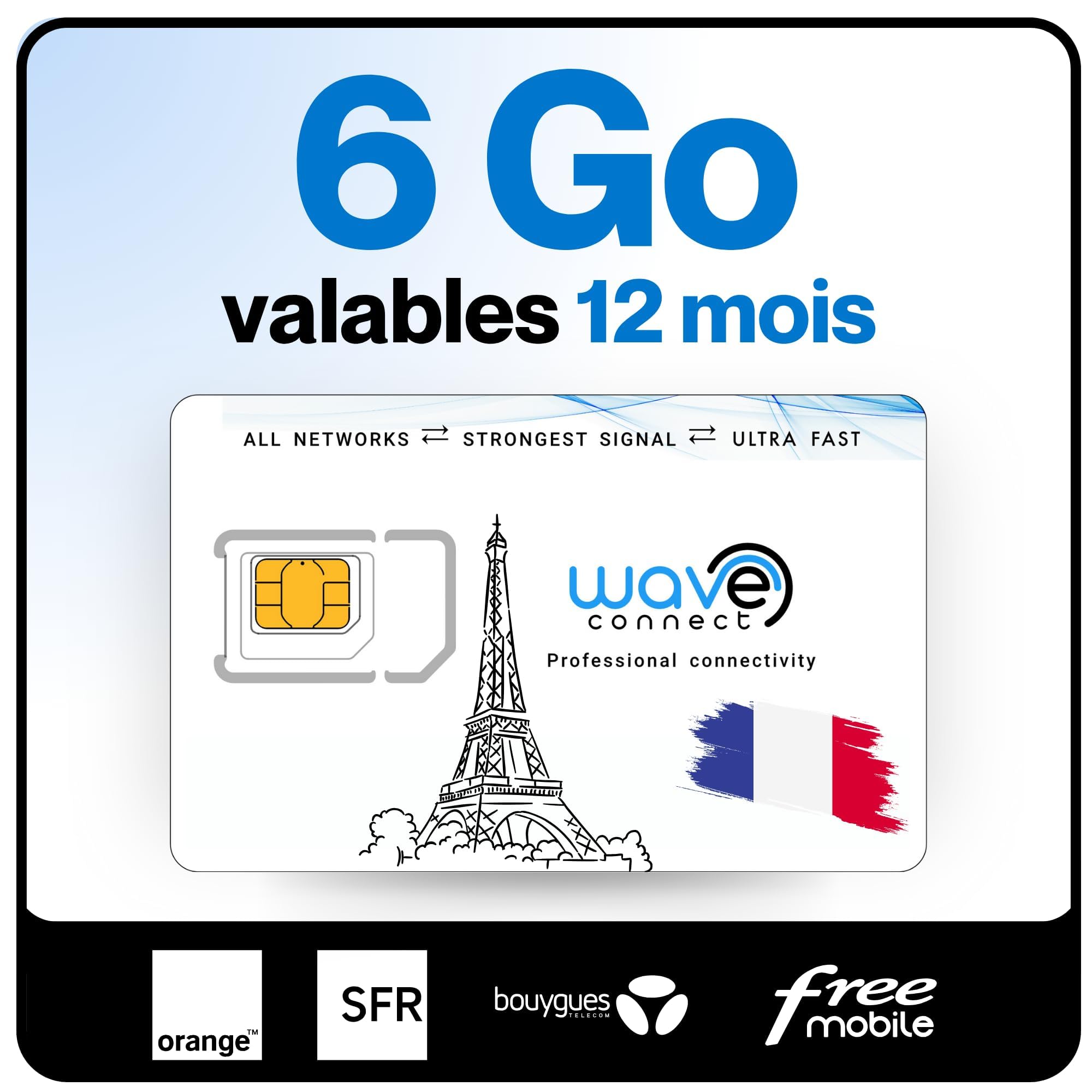 SIM Données France 4 Réseaux, 6 Go valables 12 Mois, Bouygues, Free, Orange, SFR, 4G, 5G, Prépayée, Active dès La Première Utilisation, UE, IoT, Sécurité
