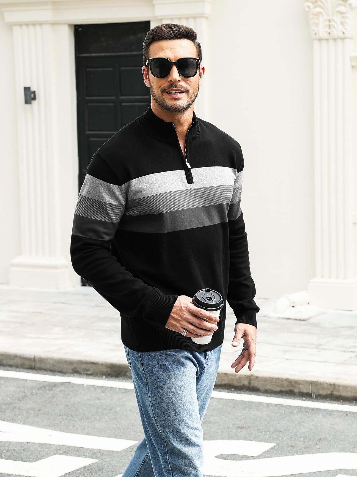 Superora Maglione a Righe da Uomo 100% Cotone Invernale Pullover Manica Lunga Collo Alto con 1/4 Zip