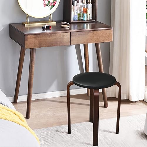 Miniatura 5 de LDAILY Taburetes redondos de madera, 4 juegos de taburetes de madera apilables con asiento acolchado, almohadillas antideslizantes para los pies,