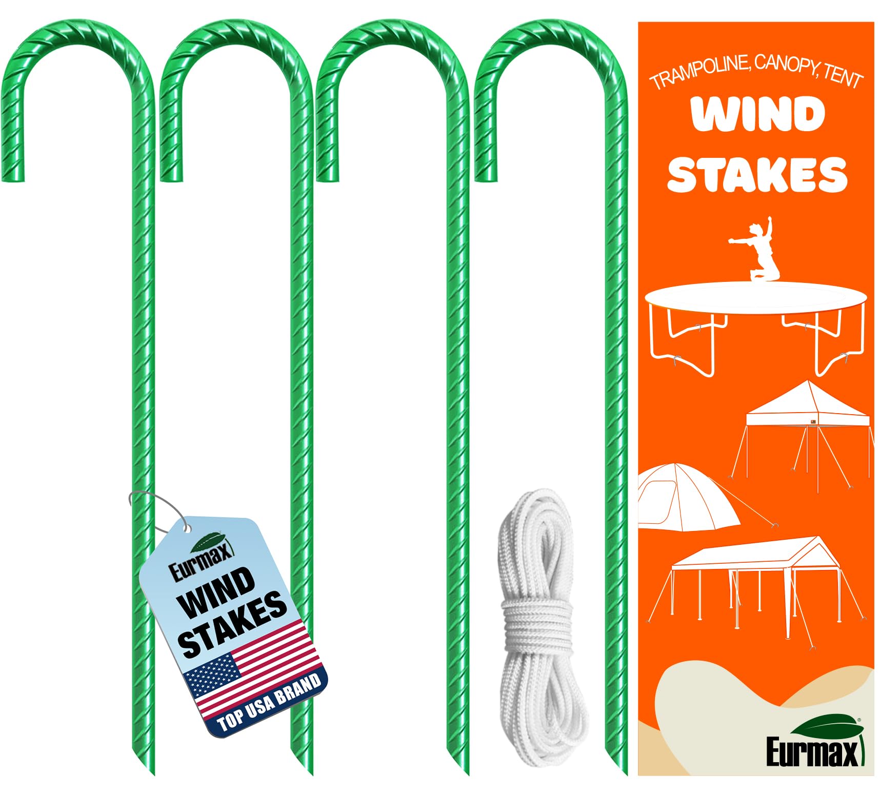 Eurmax USA 4 Pack Rebar J-Shape Groud Stakes, Heavy Duty Ground Anchors, Windproof Anti-Flip Metal Tent Pegs for Trampoline,Soccer Goals, Fences and Outdoor Playsets