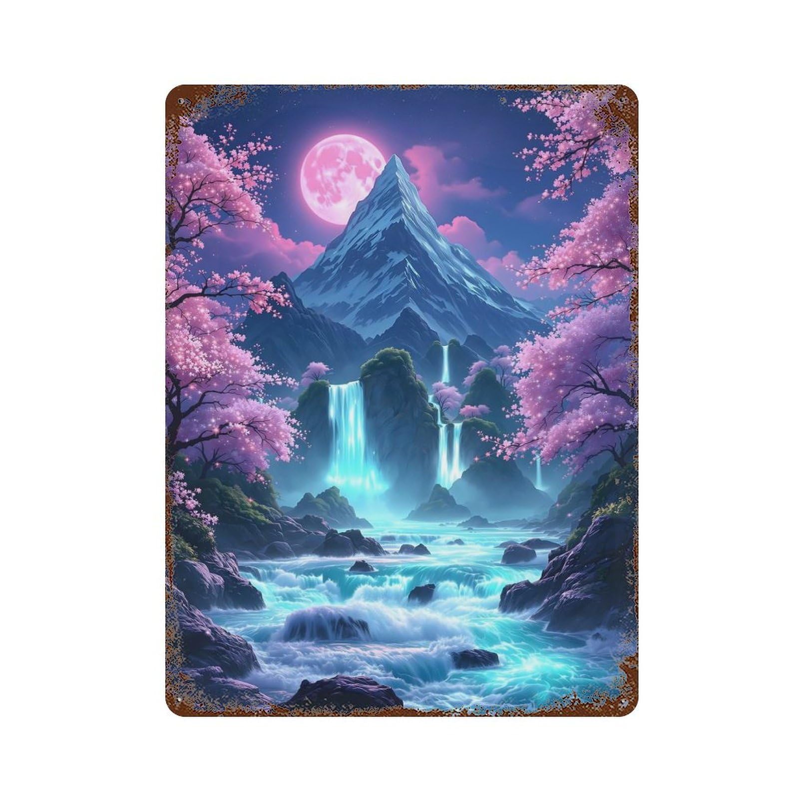 Fantasy Waterfall Landscape Distressed Metal Wall Sign 15.7"x11.8", Ideal for Garage, Bar And Workshop Decor