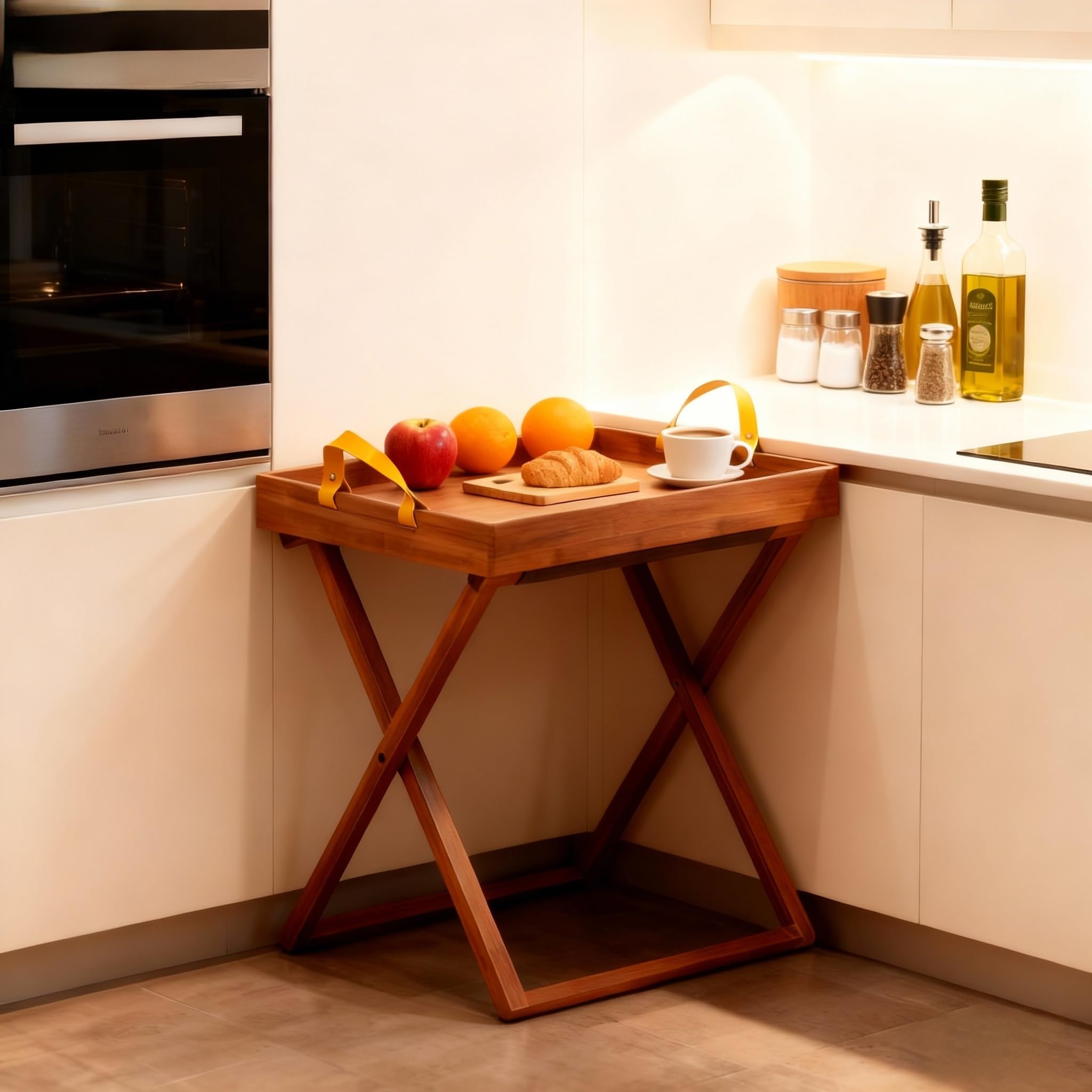 Tavolino da tè pieghevole in bambù con vassoio, piccolo tavolino da caffè per esterni, patio, piscina, portico, 47 x 46 x 34,5 cm, tavolino in legno per soggiorno e campeggio