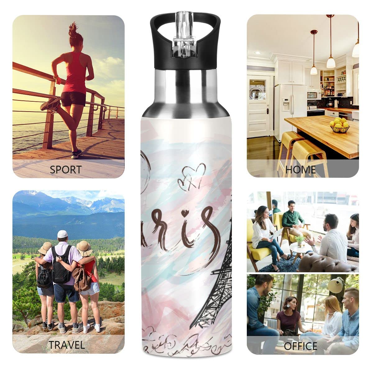 Edelstahl Wasserflasche mit Strohhalm, Paris Tower Isolierte Trinkflasche Sport Wasserflasche für Kinder Erwachsene, auslaufsicher, 1L