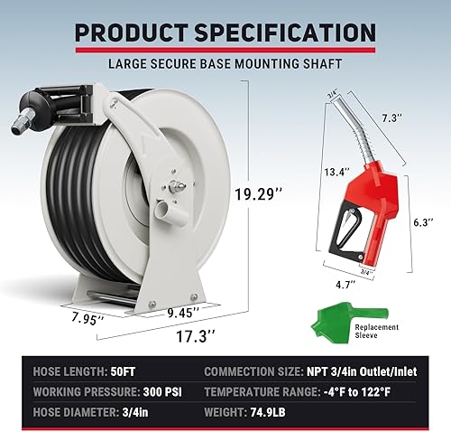 Vista 50 de Carrete de manguera de combustible diésel retráctil de 1 pulgada x 50 pies con boquilla de combustible, carrete de manguera diésel de 300 PSI