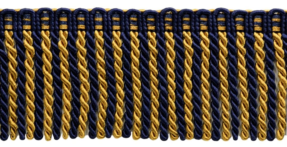 DÉCOPRO 7.5cm (3") Noblesse Collection Bullion Fringe Trim with Fancy Knitted Header DB3, Nautical # 1152 (Light Gold, Yellow Gold, Navy Blue) 4.5m (5 yards/15 ft)