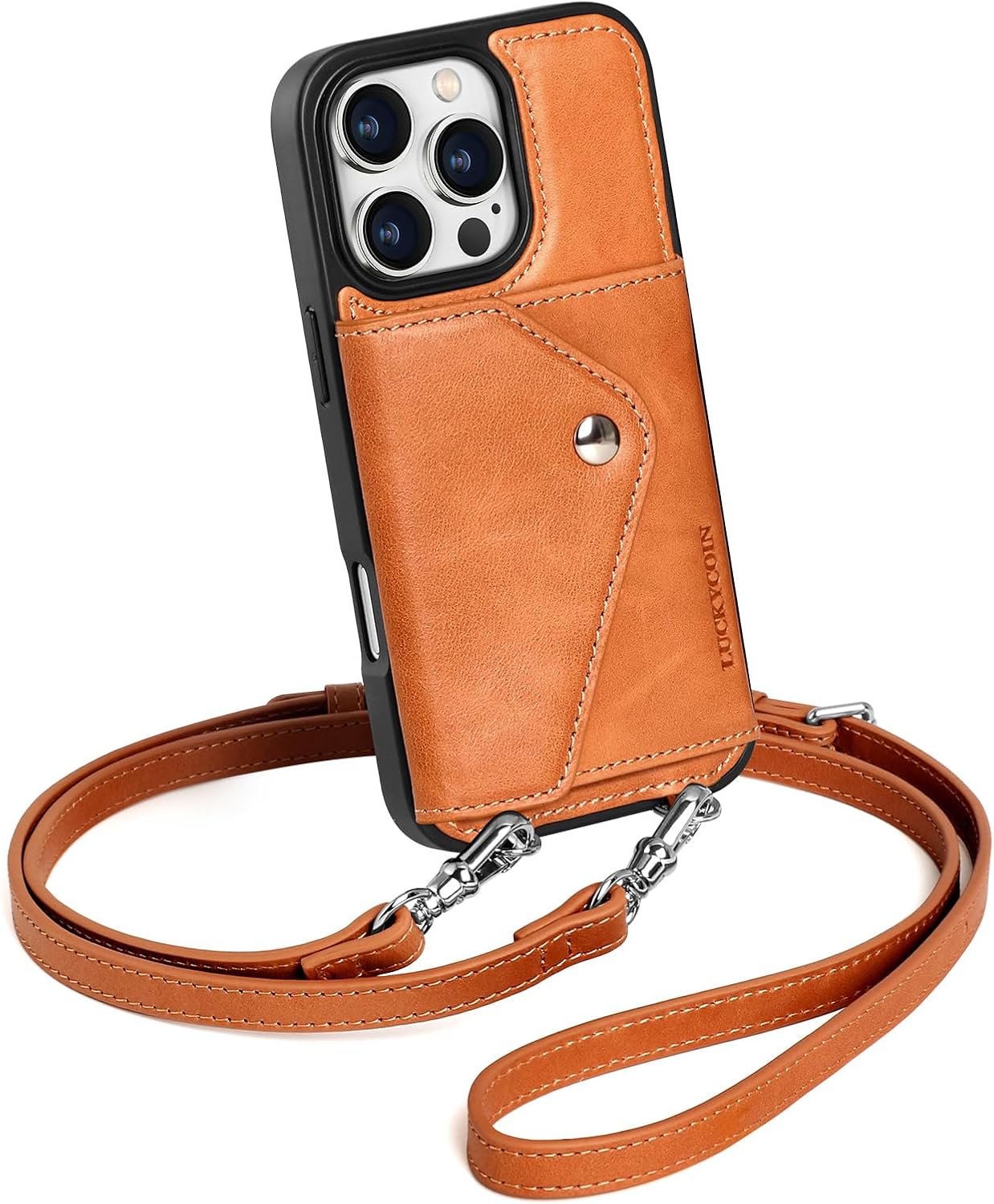 LUCKYCOIN Crossbody Wallet Phone Case for iPhone 16 Pro, Genuine Phone Case with Expandable Wallet Card Holder & Adjustable Removable Crossbody Strap, Phone Purse with Card Slot - Retro Tan