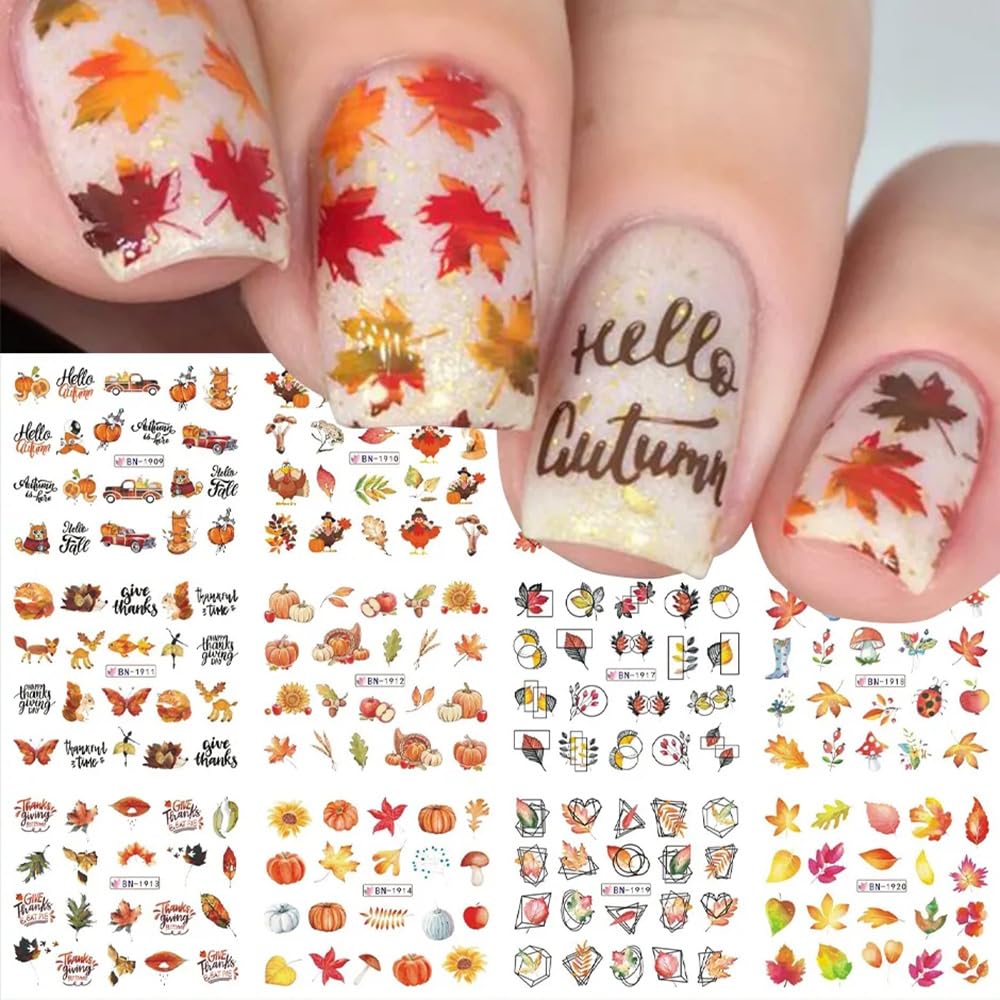 Fall Leaf Nail Stickers, Maple Leaf Decals, Autumn Art Supplies With Cute Leaves, Turkeys, Squirrels, Pumpkins Water Decals for Women Thanksgiving Day Decorations