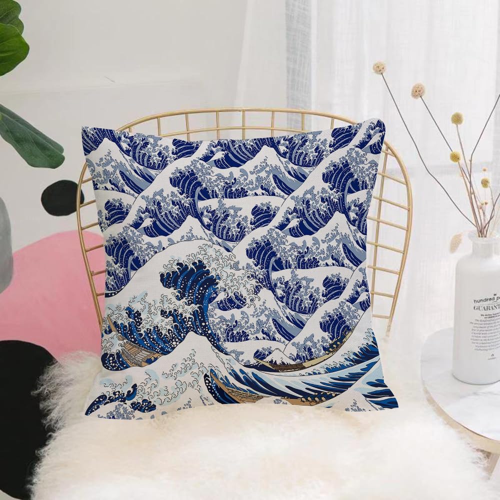 HYMSXW Cushion Cover,Throw Pillow Case Home Decorative for Living Room Bedroom Sofa Chair 20X20 Inch,Classic drawing of Japanese blue and white waves,Pillowcase 50X50cm