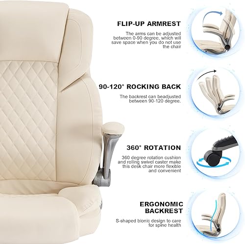 Miniatura 10 de REFICCER Silla de oficina de cuero con brazos abatibles, sillas de oficina ejecutivas ergonómicas con ruedas, silla de escritorio de oficina con