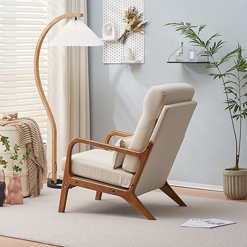 Miniatura 8 de Silla decorativa moderna de mediados de siglo con almohada, respaldo alto, tapizada, con marco de madera maciza y cojín suave para sala de estar,