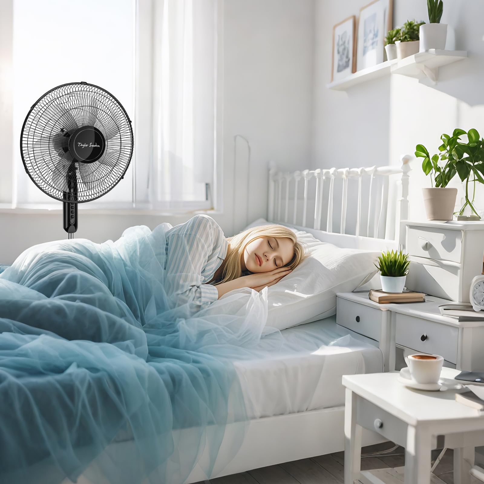Taylor Swoden 7 Aspas Ventilador de pie Potente, 3 Velocidades, 50W Ventiladores, Altura Regulable, Oscilante, Rejilla de Seguridad, Base Estable, Negro, 43x40x120cm, *2