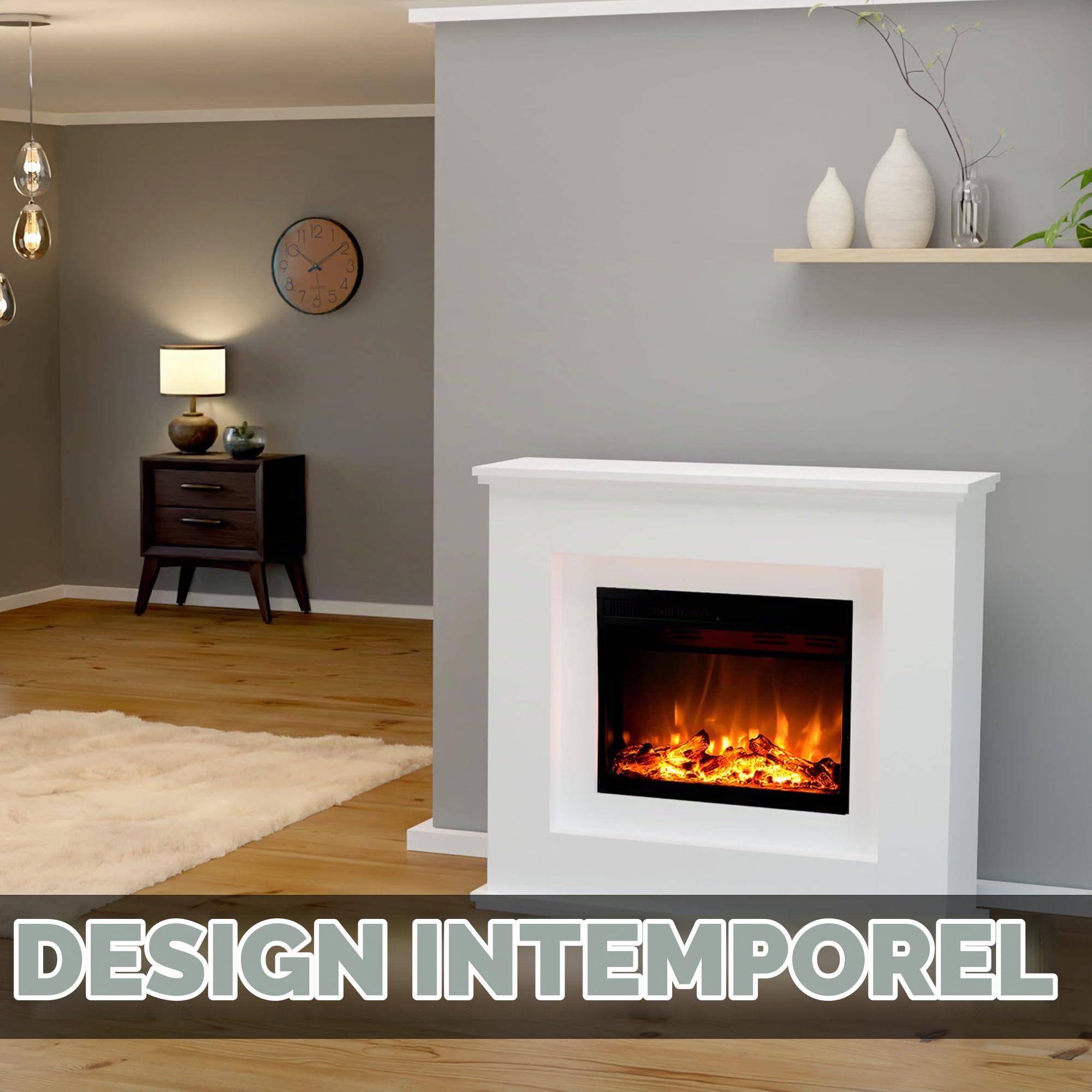 GLOW FIRE Europa Cheminée électrique sur Pied - Cheminée avec Chauffage, feu de cheminée, feu LED 3 Couleurs, Ventilateur, décoration Bois, télécommande, 111x101x33 cm, Blanc