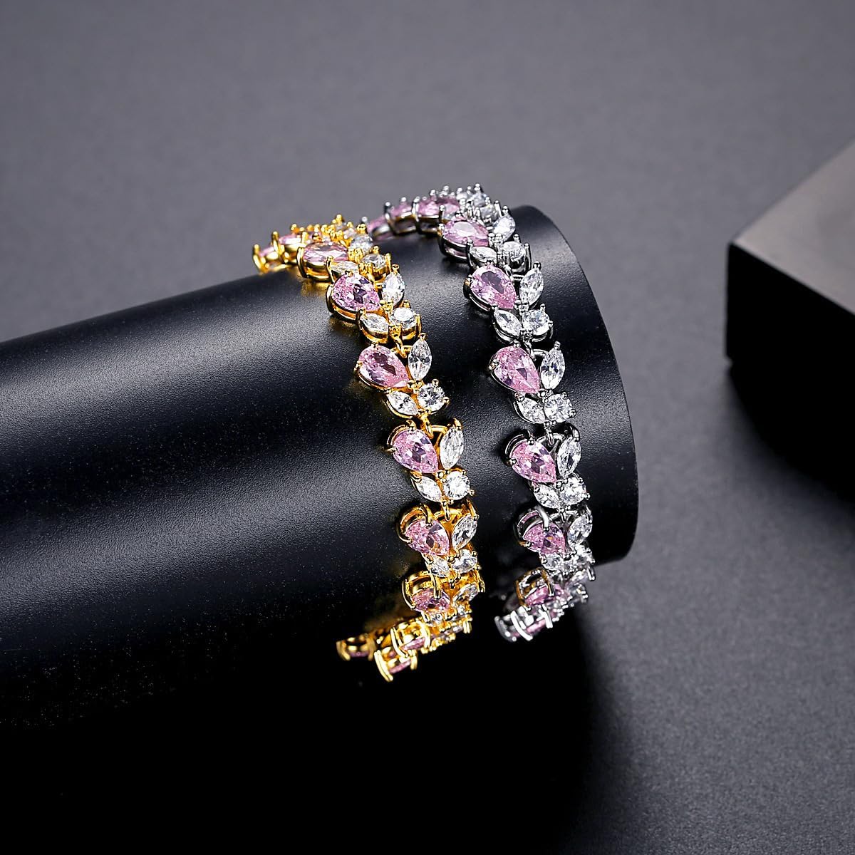 14K Gold Pink Marquise Moissanite Bracelet, Heart-Shaped Bow Design, Romantic Style for Women