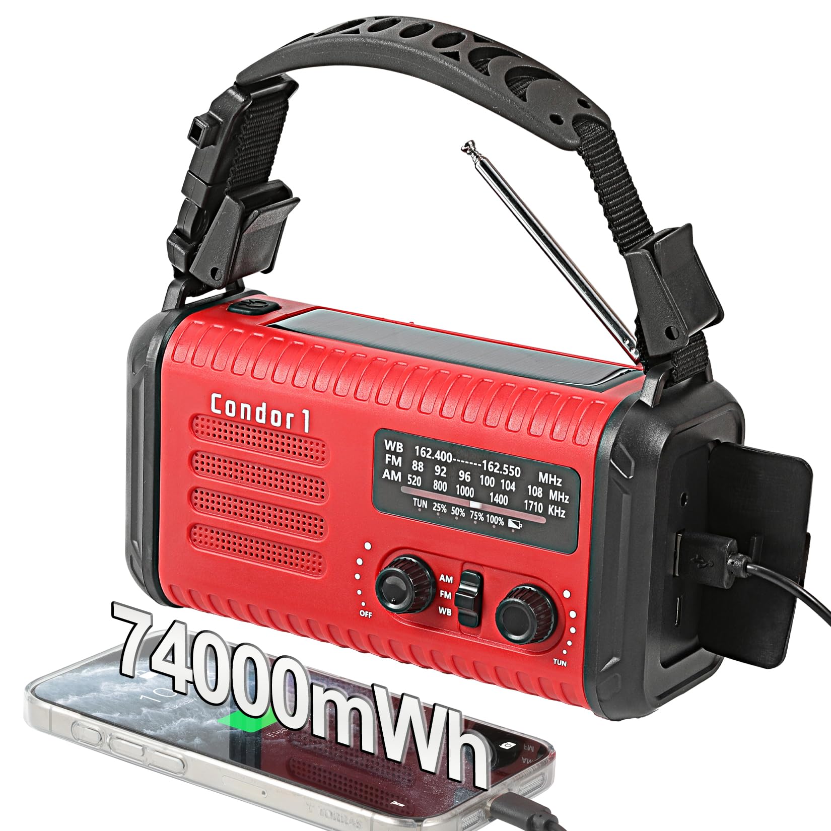 Emergency Radio - 20000mah Weather Radio with NOAA/AM/FM, Solar Hand Crank Radio with USB/Solar/Hand Crank Charger, Battery Powered, SOS Alarm, Reading Lamp & Flashlight for Indoor/Outdoor (Red)