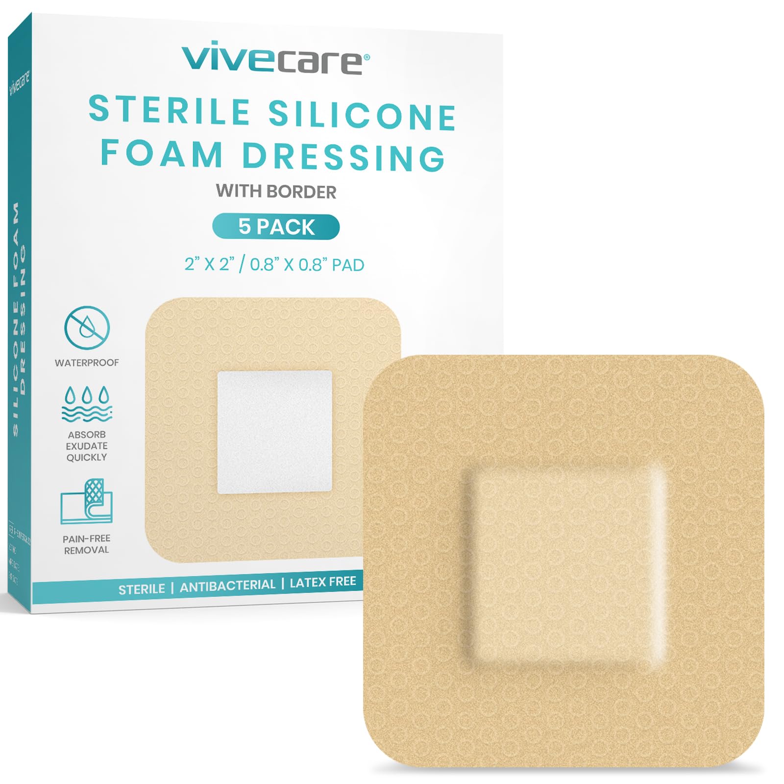 ViveCare Silicone Foam Dressing 2x2 with Border Adhesive - Bed Sore Bandage Foam Wound Dressing - Silicone Bordered Foam Dressing with Adhesive Border - Pressure Sore & Ulcer Wound Patches (5 Pack)