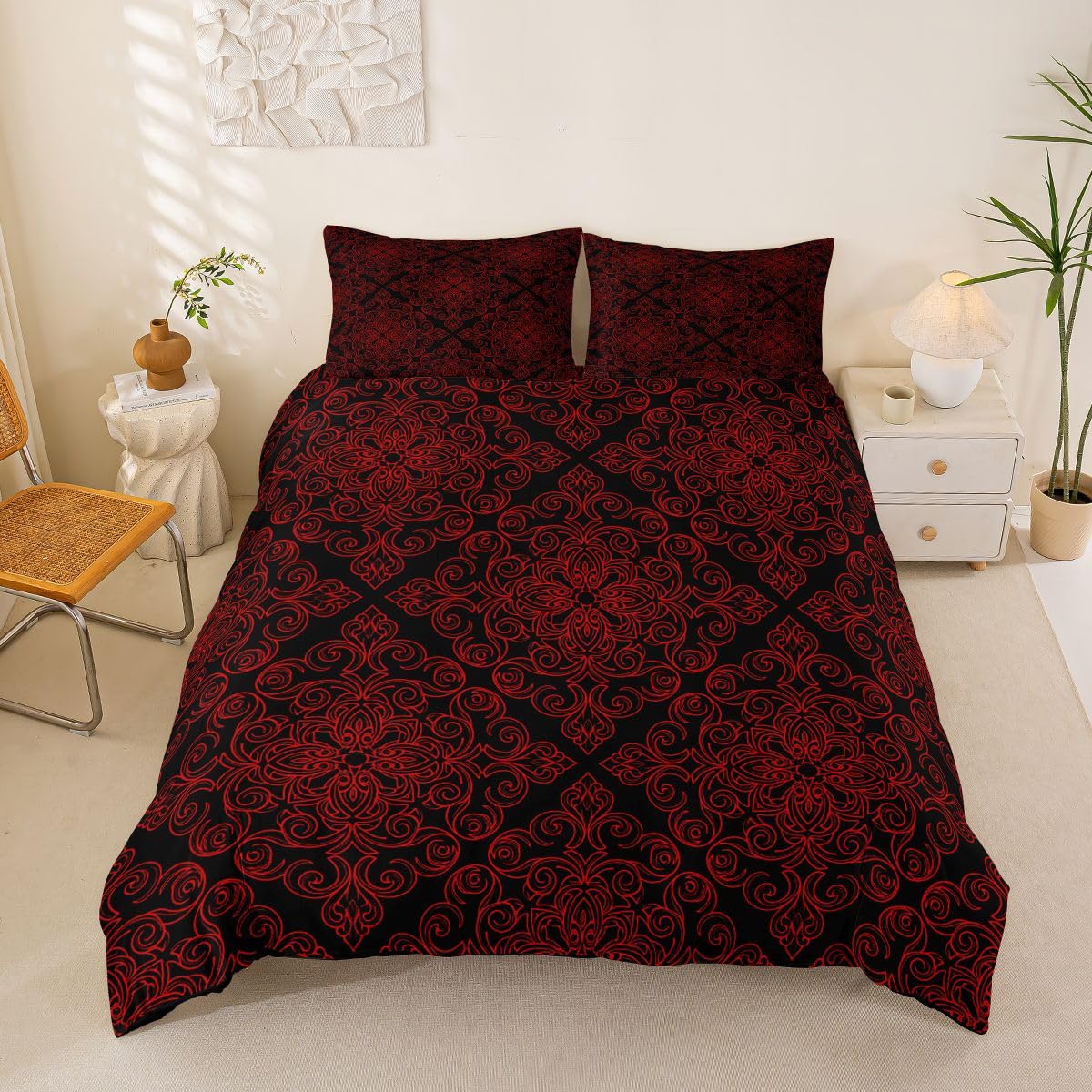 Homemissing Red Damask Duvet Cover Set Cot Size for Kids Boys Girls Vintage Damask Floral Bedding Set Antique Victorian Baroque Duvet Cover with 1 Pillowcase Luxury Royal Bedding — image 1