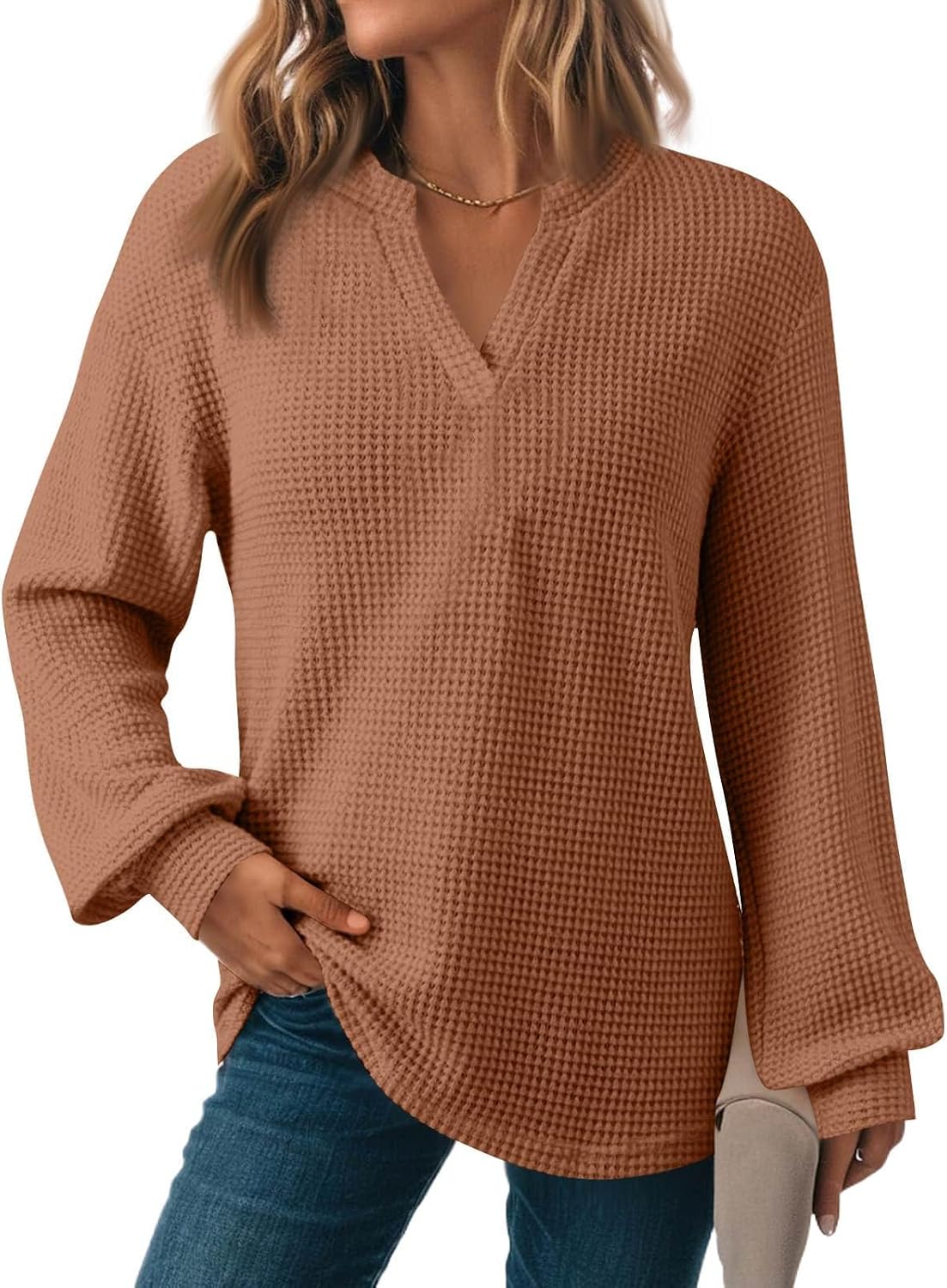 Womens Waffle Knit Tops V Neck Long Sleeve Solid Color Casual Fall Fashion Tunic Loose Fit Shirts Comfort Clothing